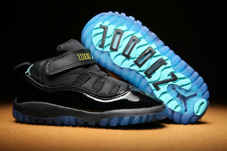 New Kids Jordan 11 Strap Black Gamma Blue Shoes - Click Image to Close